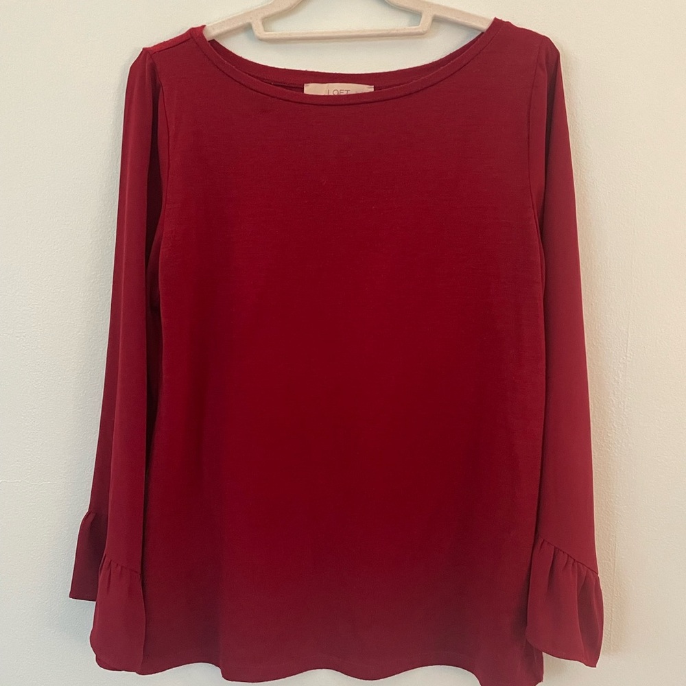 LOFT Red Round Neck Long Sleeve Top with Ruffled Cuffs Size S